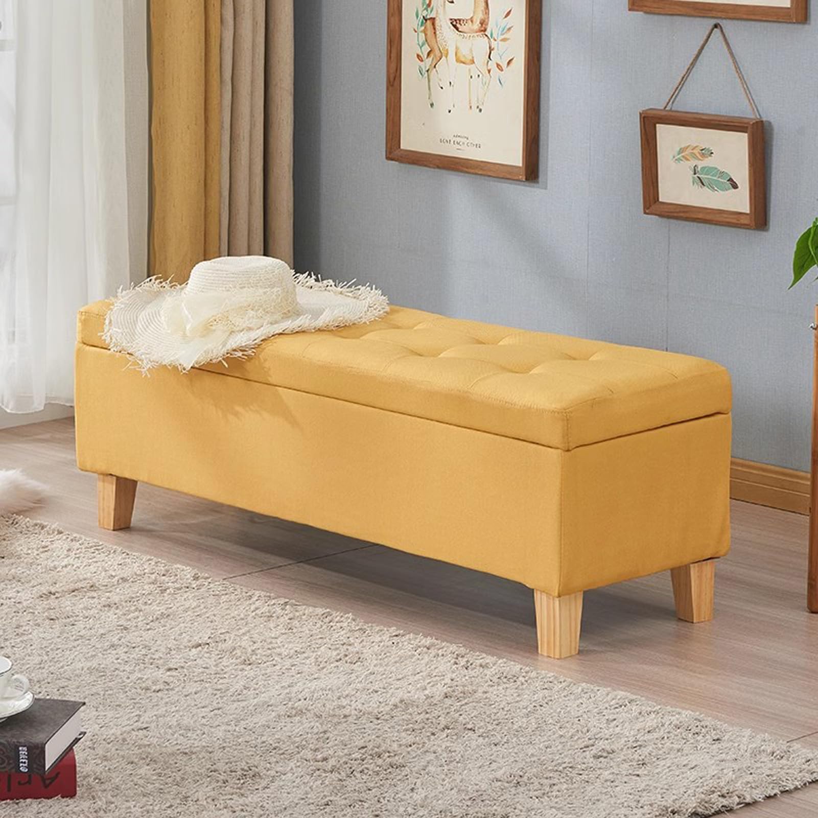 Banc de rangement en lin avec pieds en bois pour salon