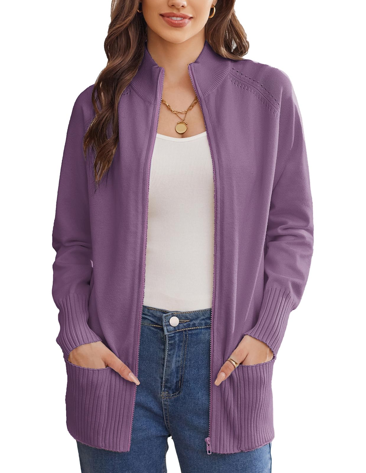 GRACE KARIN Womens Long Sleeve Zip Up Knit Cardigan with Pockets Stand Collar Full Zip Sweater Coats Trendy