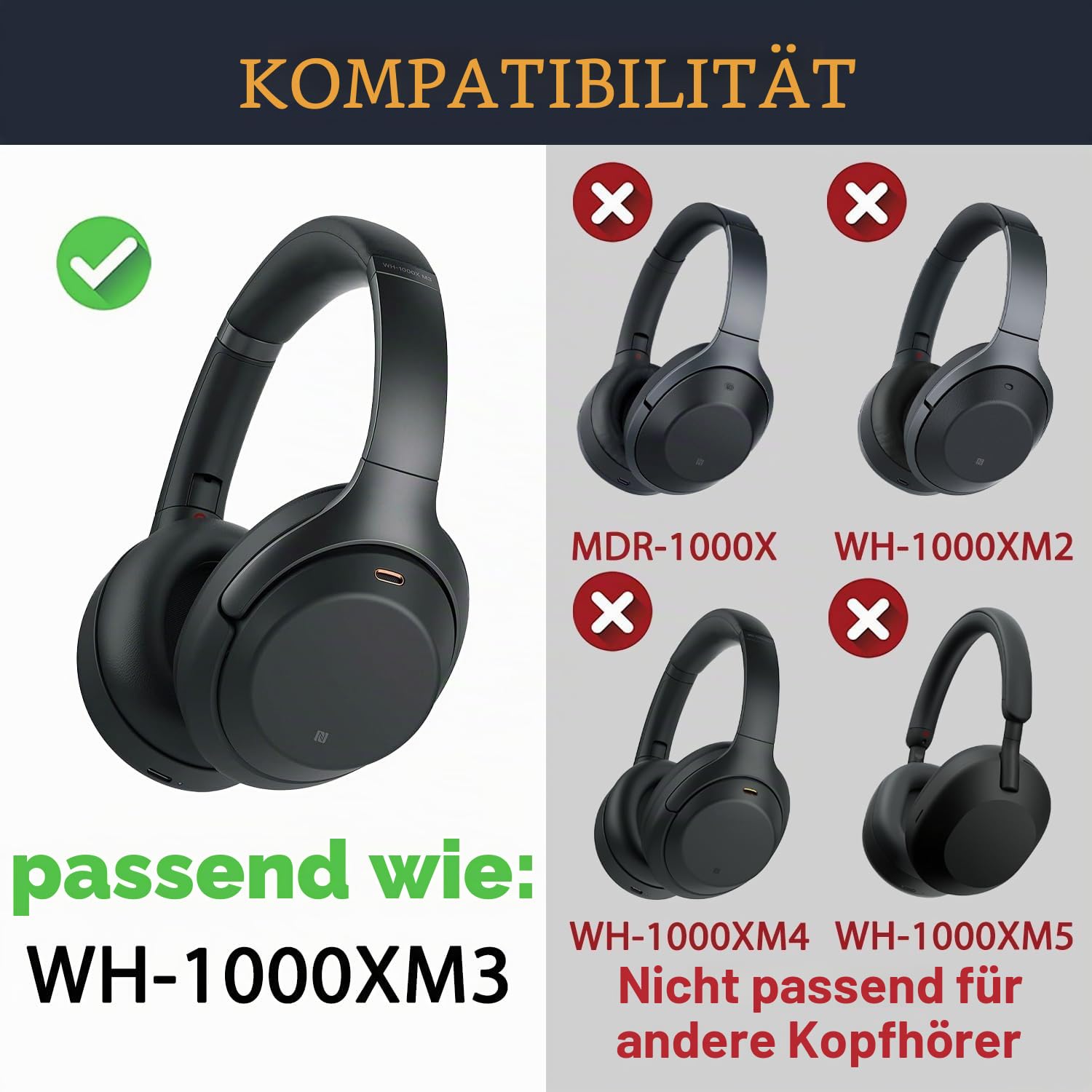 SOULWIT Proteinleder Ersatz Ohrpolster für Sony WH-1000XM3 (WH1000XM3) Over-Ear-Kopfhörern, Ersatzpolster mit weichem Proteinleder, Geräuschisolierung Memory-Schaum