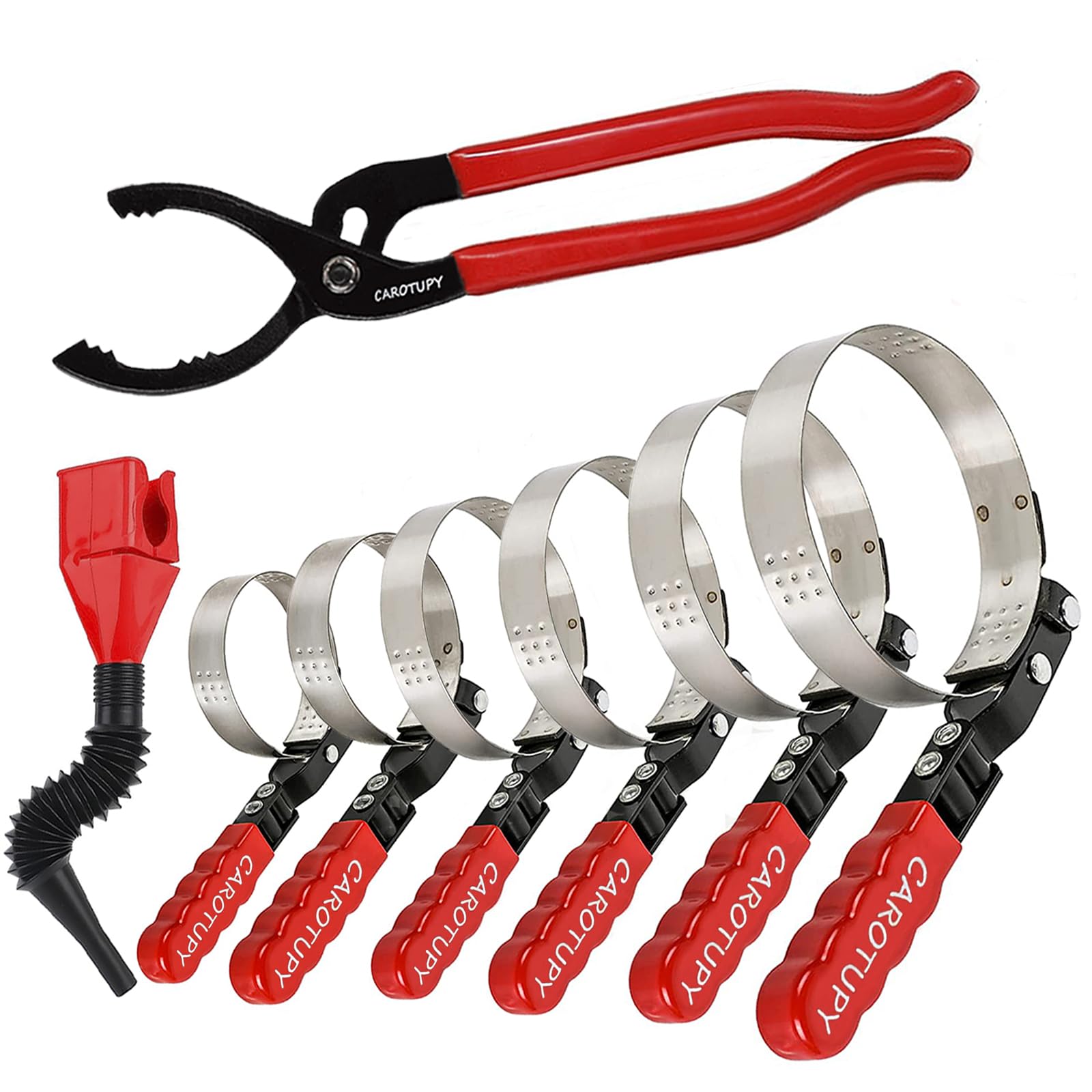 Juego de 8 llaves de filtro de aceite, alicates de filtro de aceite ajustables de 12 pulgadas con embudo de aceite flexible, herramienta de extracción de filtro de aceite ajustable de 1-1/4 a