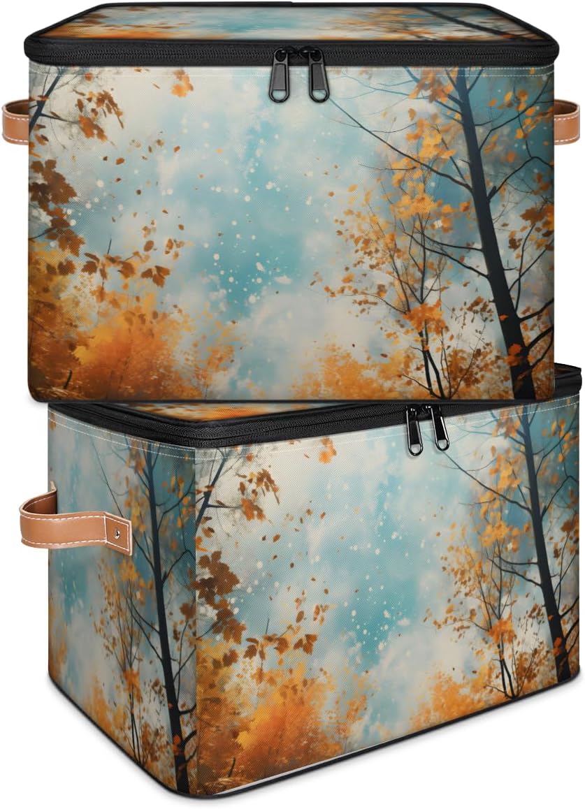 Storage Bin Set of 2 Forest Maple Tree Storage Basket with Zipper Lid & Handle Foldable Closet Shelf 2 Pack Cloth Organizer Basket Cube Bins Clothes Organizer for Bedroom, Nursery