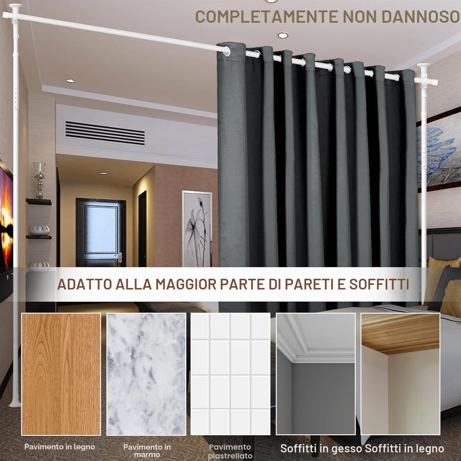 separè per interni, Regolabile asta per tende da pavimento, Separe Divisorio Interno, 122-305 cm * 71-180 cm, Bastoni per tende divisori senza tenda, per soggiorno e camera da letto- Bianco