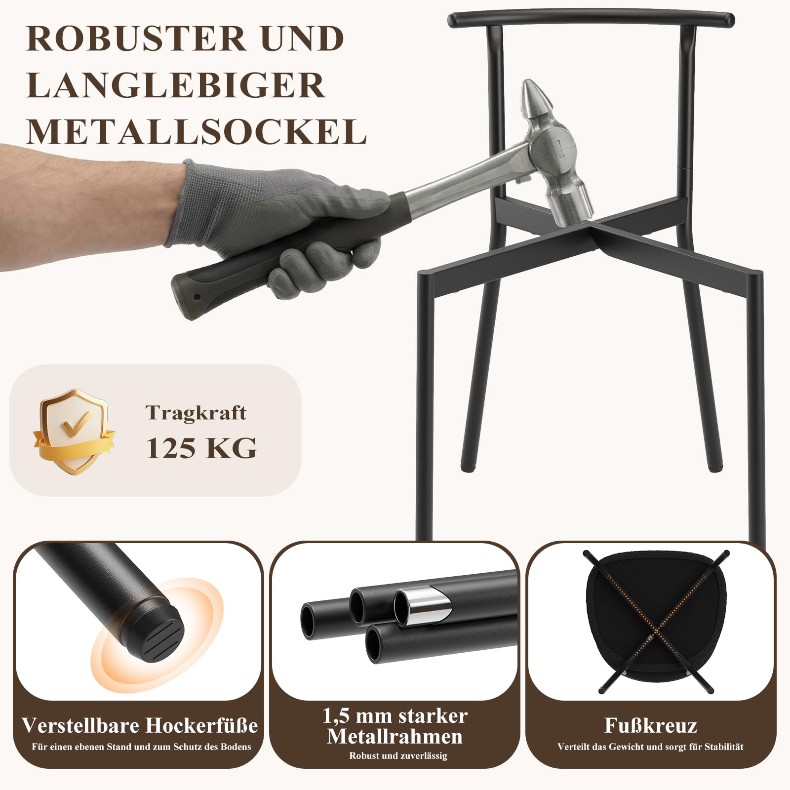 MALOL Gepolsterte Esszimmerstühle 4er Set – Moderner Stoff, Gebogene Rückenlehne, gepolsterter Sitz, stabile Metallbeine – Design-Stühle für Küche, Esszimmer, Wohnzimmer – Kamel