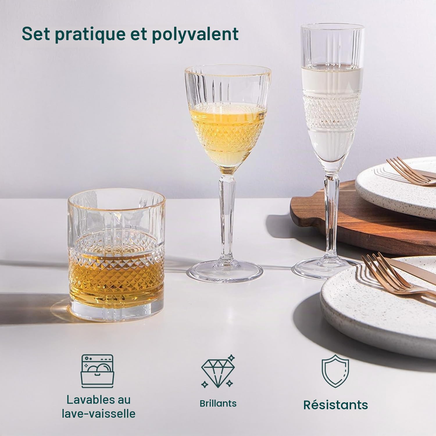 Wintem - Verres à eau verre, verres à vin, flûte en verre pour toast et apéritif - Ensemble brillant 18 pièces élégant pour table raffinée, lavable au lave-vaisselle