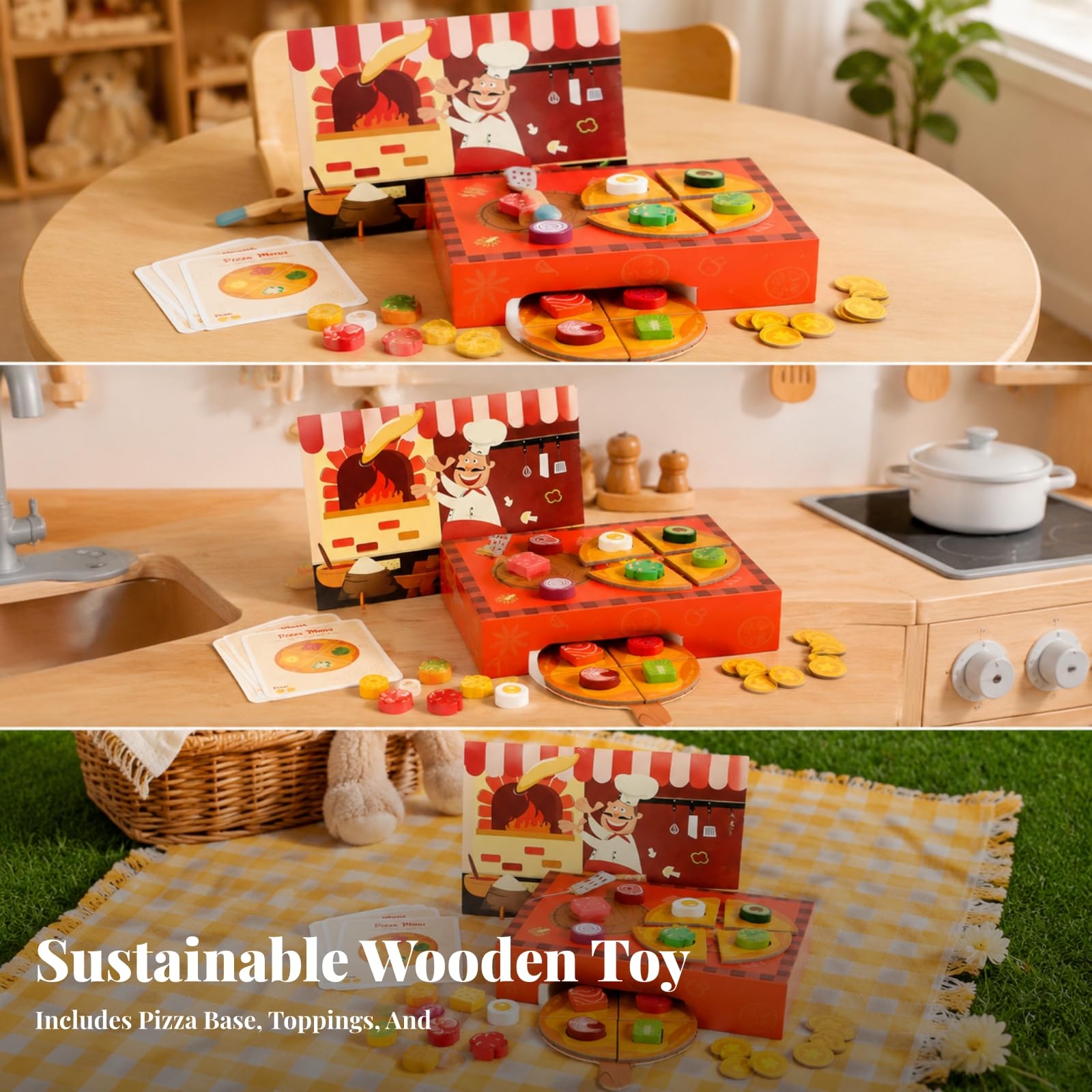 Set Pizza Giocattolo in Legno Educativo Gioco di Simulazione Pizzeria in Legno Sviluppa Motricità Fine Set Pizzeria Giocattolo con Accessori per Casa