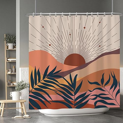 Baocicoo - Cortina de ducha de sol abstracta bohemia con salida del sol de mediados de siglo, cortina de ducha de montaña para baño, decoración