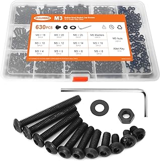 630PCS M3 x 4/5/6/8/10/12/14/16/18/20/25mm Button Head Socket Cap Screws Bolts And Nuts Flat Washers Assortment Kit, 10.9 Grade Alloy Steel, Black Oxide Finish Metric Machine Allen Hex Drive