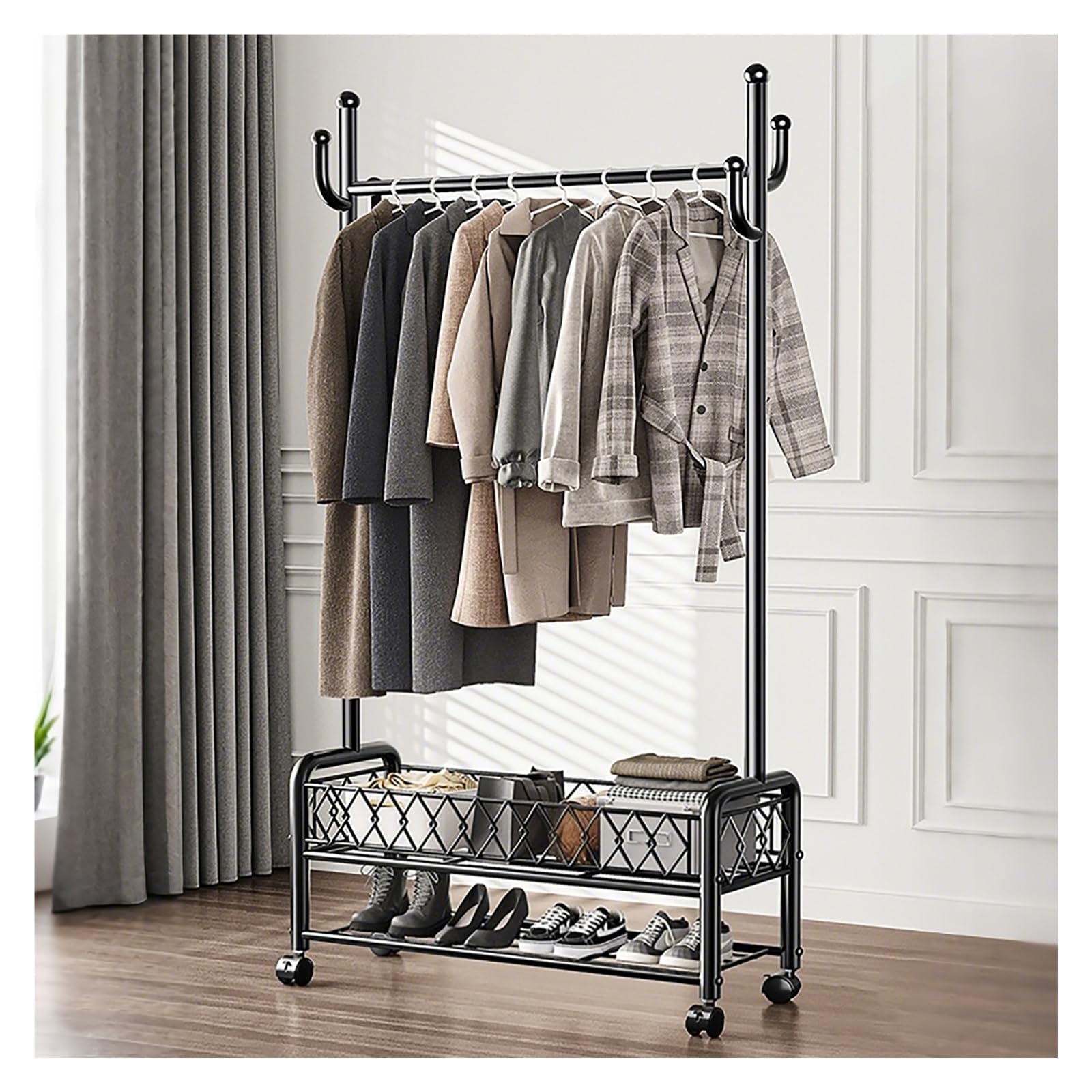 Lshtshf-ou Heavy Duty Clothes Rack With Wheels Garment With Storage Shelves Rolling Clothing Racks Portable Organizer Wardrobe(Black,60cm/23.6in)