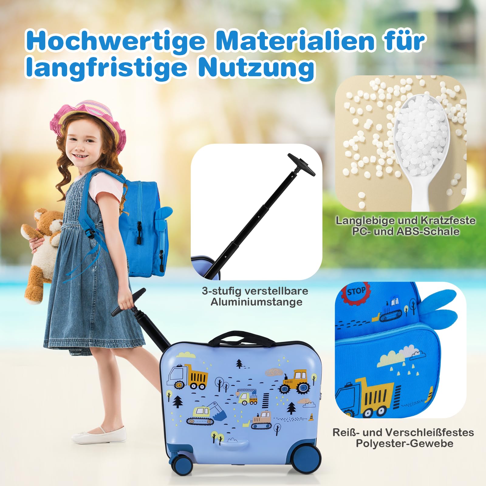 COSTWAY 2tlg Kinderkoffer + Rucksack, 12"+18" Kindertrolley mit Rollen & wasserdichter Hartschale, Kindergepäck mit Tragegurt, Seil & Fußstützen, Rollkoffer für Jungen Mädchen (Bagger)