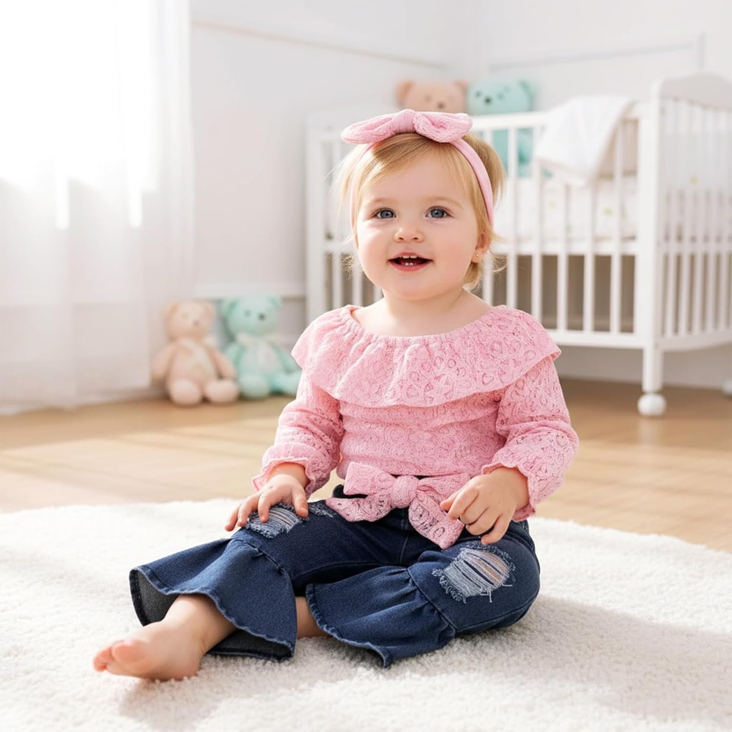 Baby Girl Clothes Lace Off Shoulder Romper Flare Jeans Pants Headband and Belt 4pcs Outfit 3-24 Months - Image 3