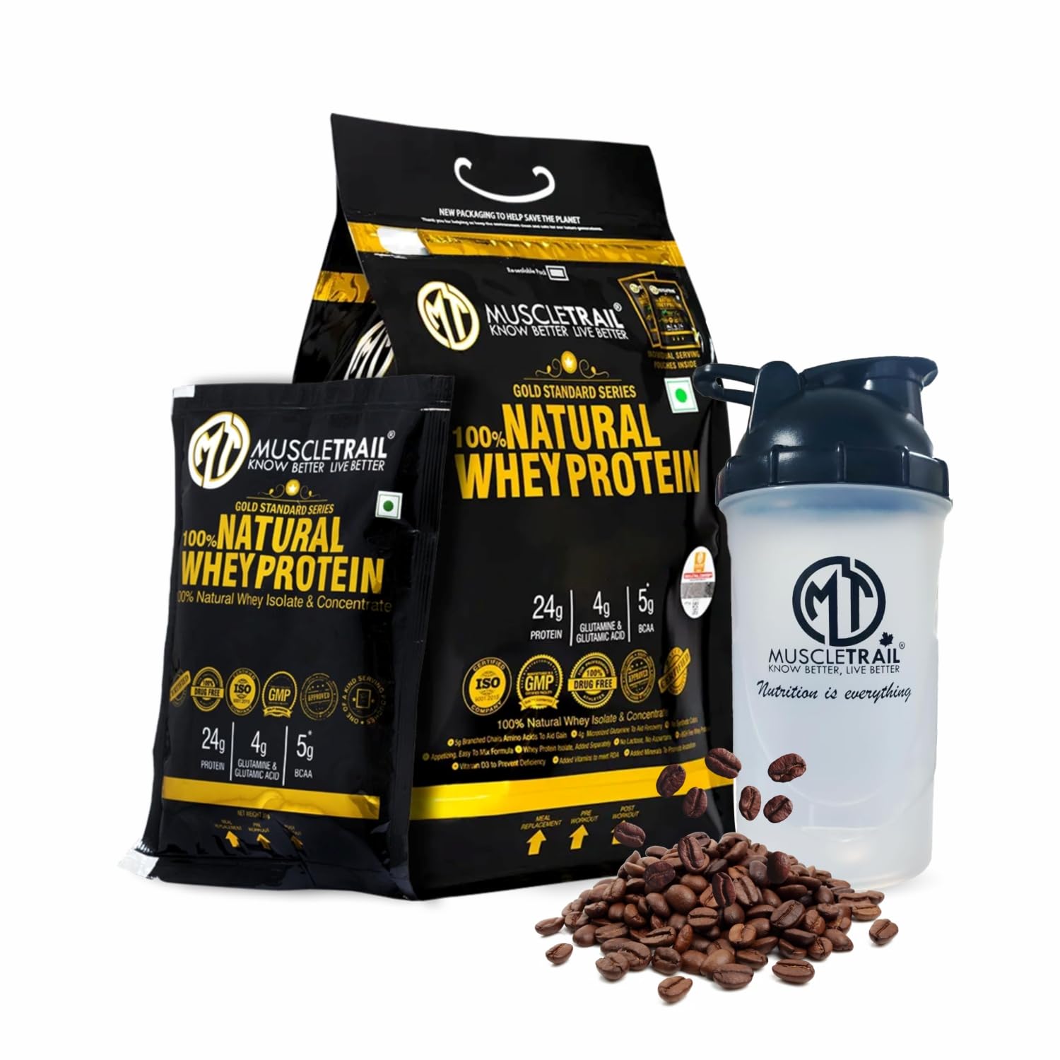 MuscleTrail Gold Standard Series Whey Protein Powder | 24g Protein, 60 Pouches | Isolate & Concentrate with Digestive Enzymes, Muscle Building, Strength Supplement, Low Carb Low Fat, Free Shaker (60 Serving, Mocca Socca)