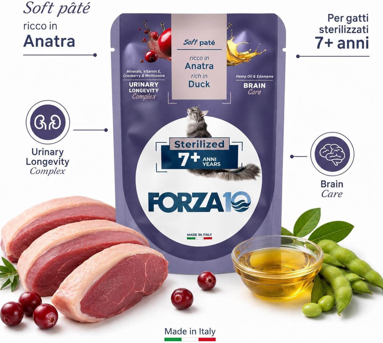 Soft Patè Gatto Anatra 7 anni sterilized– Forza10 Cibo Umido per Gatti Anziani sterilizzati di tutte le Taglie e Razze,Monoproteico,24 Bustine x 80g, Alimento Completo.
