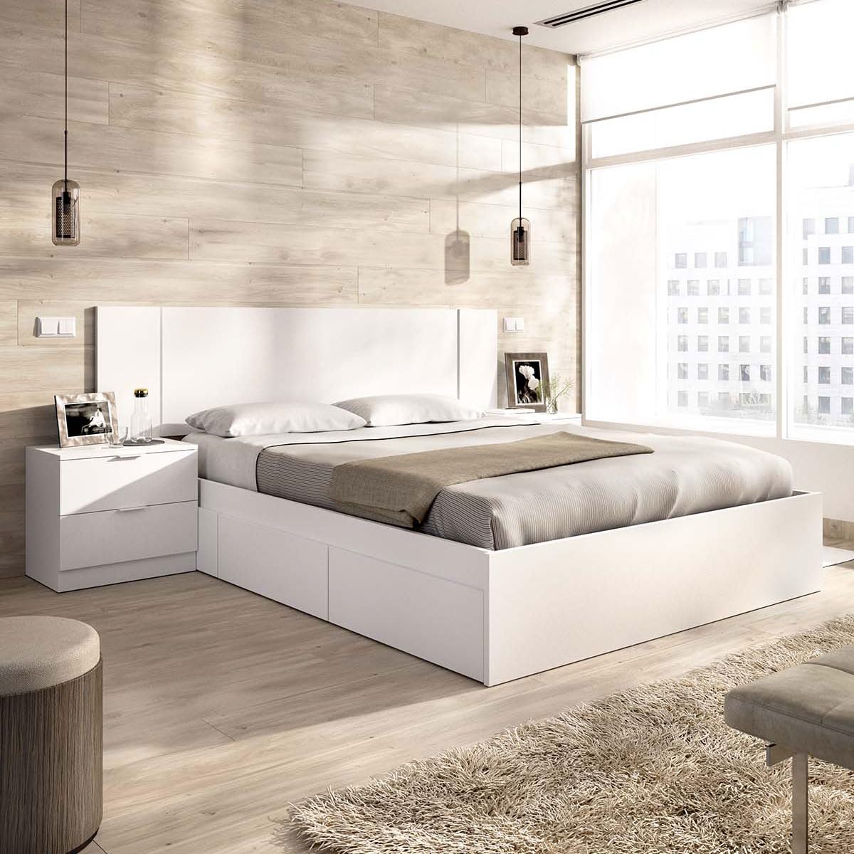 DEKIT - Pack Ahorro Dormitorio Cama Alice de 4 cajones con Cabezal len con 1 Colchón viscoelástico con muelles ensacados Aurea 150 x 190cm y 1 Somier de Lama Ancha