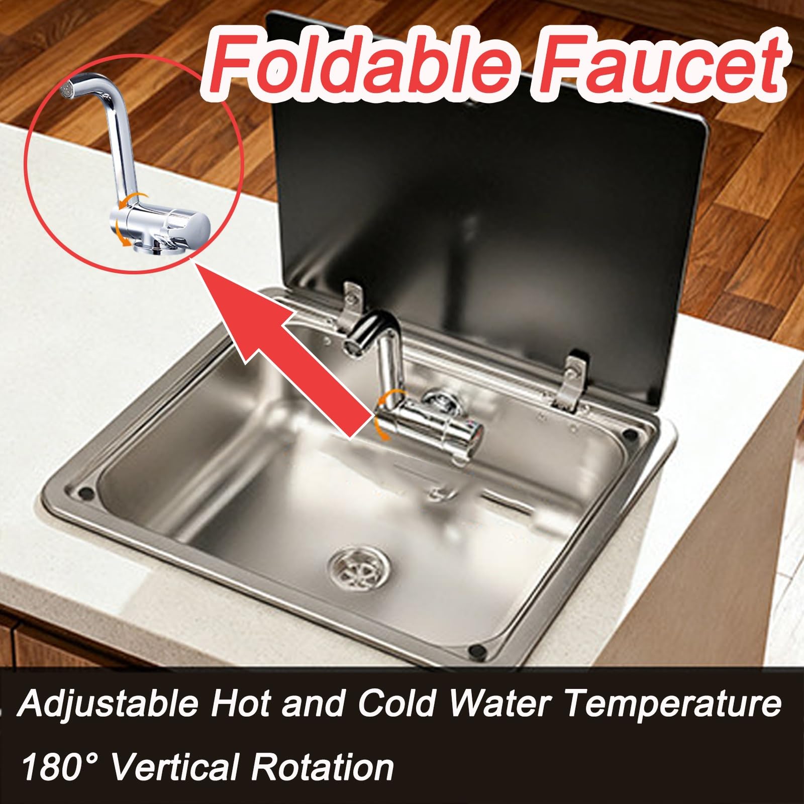 Fregadero Camper con Grifo Plegable, Fregadero Cocina de Acero Inoxidable 304, Capacidad Profunda de 5in, Tapa Integrada Multifuncional, Cubeta Individual para Bar o Autocaravana