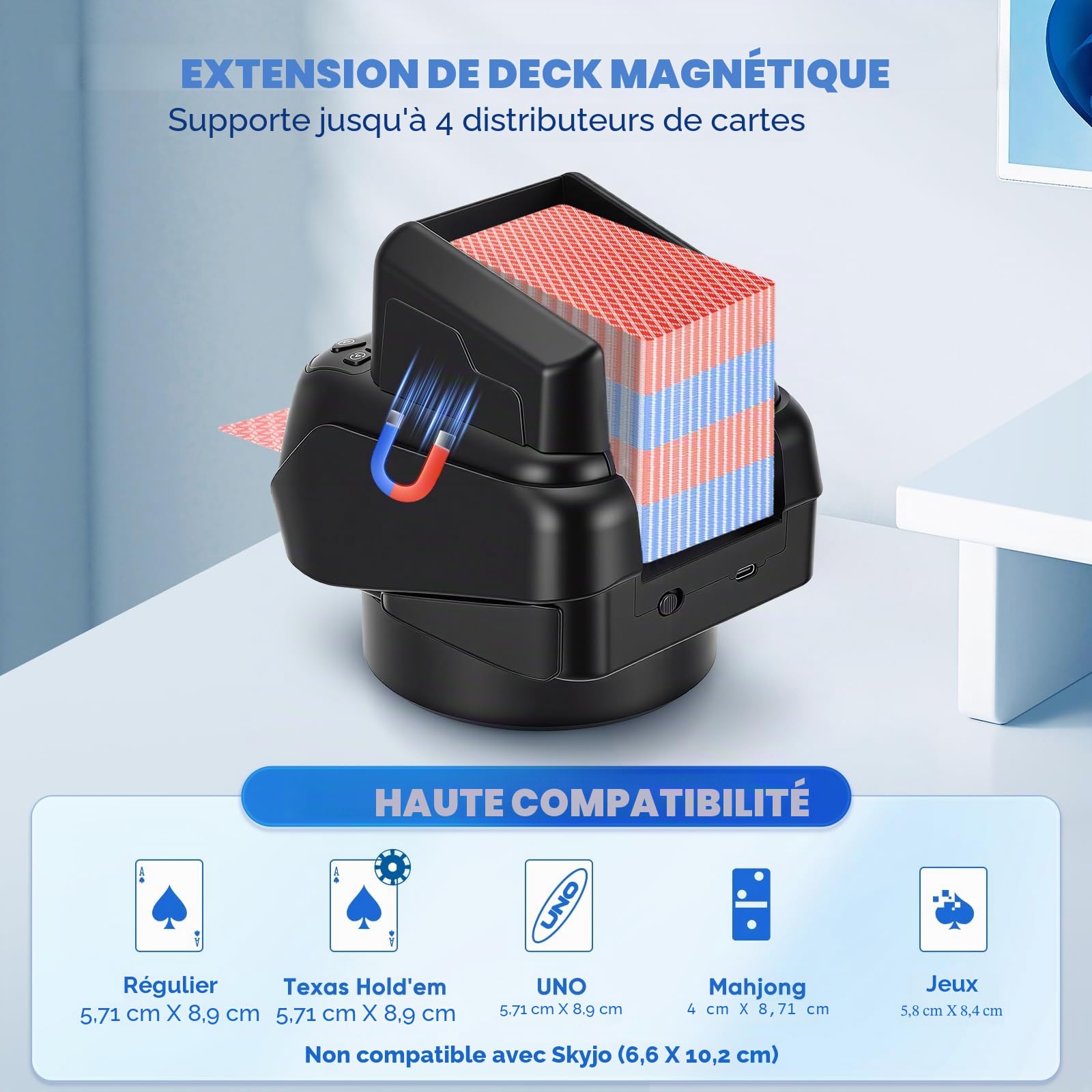 Distributeur de Cartes Automatique, 2–8 Joueurs, Rotation 360° pour 1–4 Jeux, Modes de Jeu Intégrés, Rechargeable & Silencieux pour Poker, UNO, Phase 10