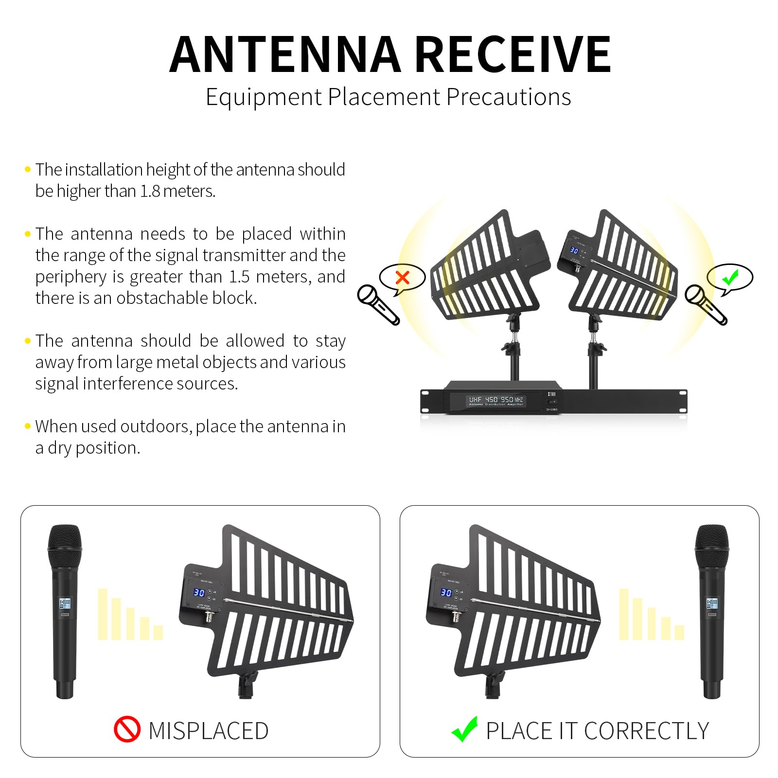 XTUGA SY-1000 Pro UHF Wireless Antenna Sistema di Distribuzione Bundle, Antenne Direzionali Attive con Supporto Lungo Raggio 792,5 m, per spettacoli teatrali, matrimoni, spettacoli dal vivo con