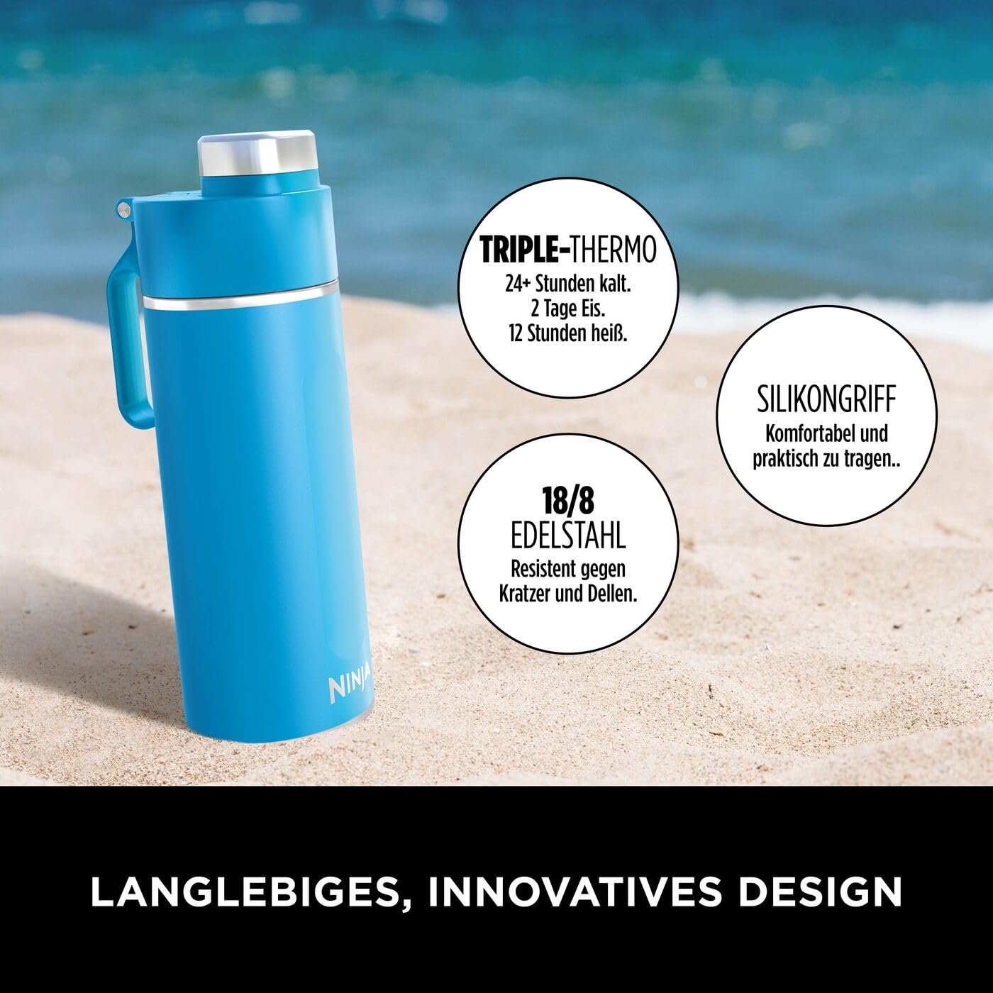 Ninja Thirsti Wasserflasche, Thermobecher to go, auslaufsicherer Deckel | 700ml, für kohlensäurehaltige, heiße & kalte Getränke, dreifach isolierter Travel Mug, Edelstahl, Tropenblau, DW2401EUUKSB