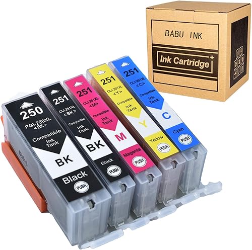 BABU Paquete de 5 cartuchos de tinta compatibles de repuesto para Canon pgi-250 cli-251 Work para Canon PIXMA IP7220 MG5450 MG 7120 MX722 MX922