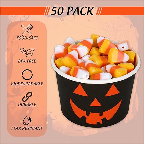 Miniatura 3 de AnyDesign 50 tazas de papel desechables con cara de calabaza, de 6.5 onzas, tazas de papel negro y naranja, cuencos de postre para helado de postre