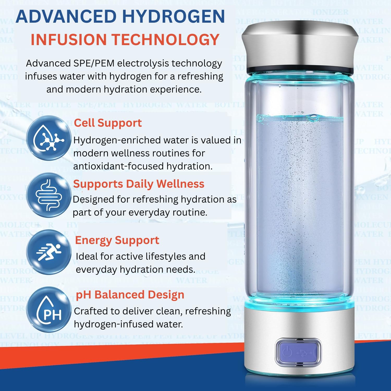 LevelUpWay - Botella de agua con generador de hidrógeno de vidrio, tecnología SPE PEM, ionizador de agua