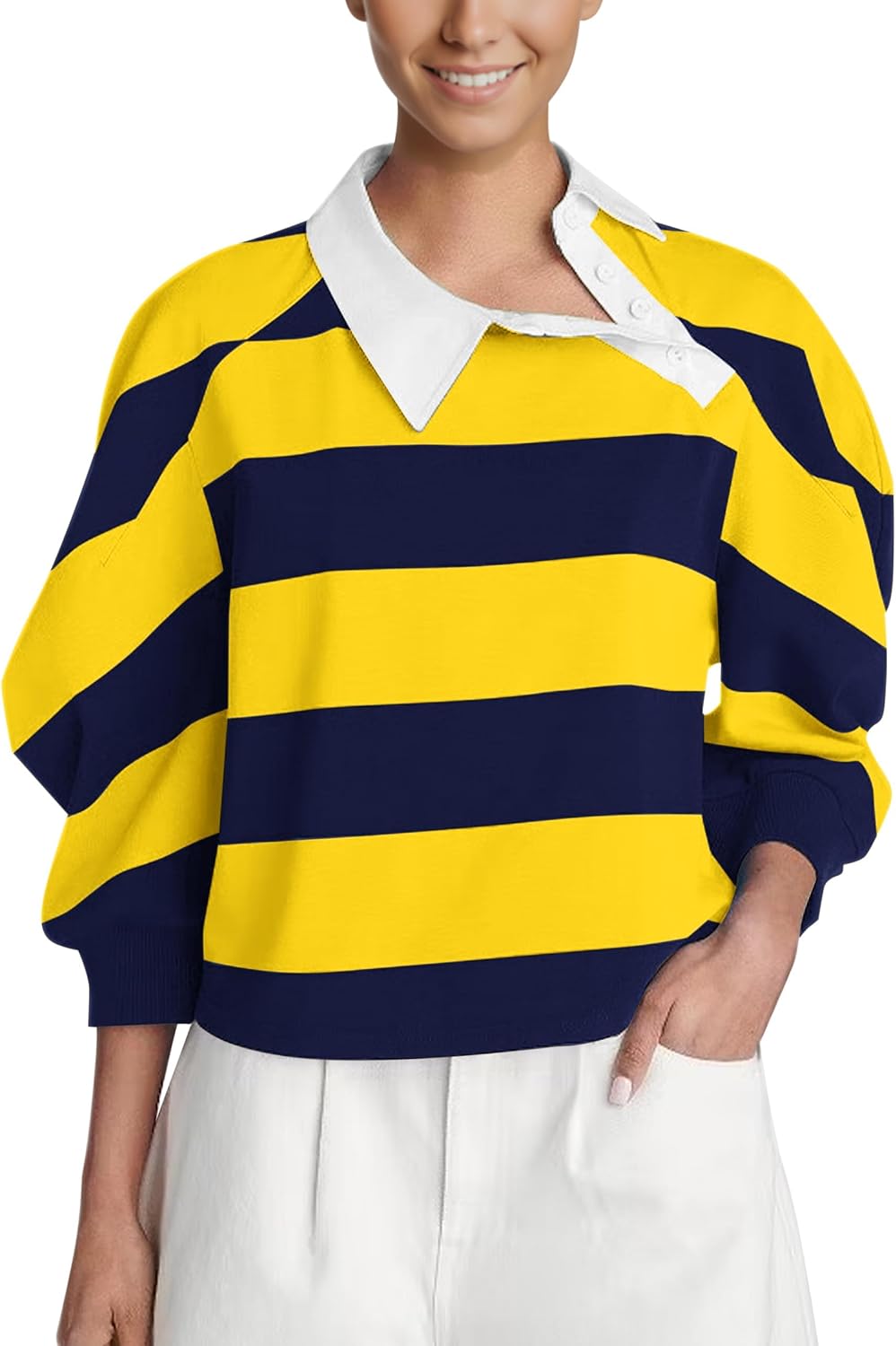 Women’s Stripe Rugby Polo Top Oversized Asymmetric Collared Balloon Sleeve Rugby Shirt Cropped Fall Trendy T-Shirt