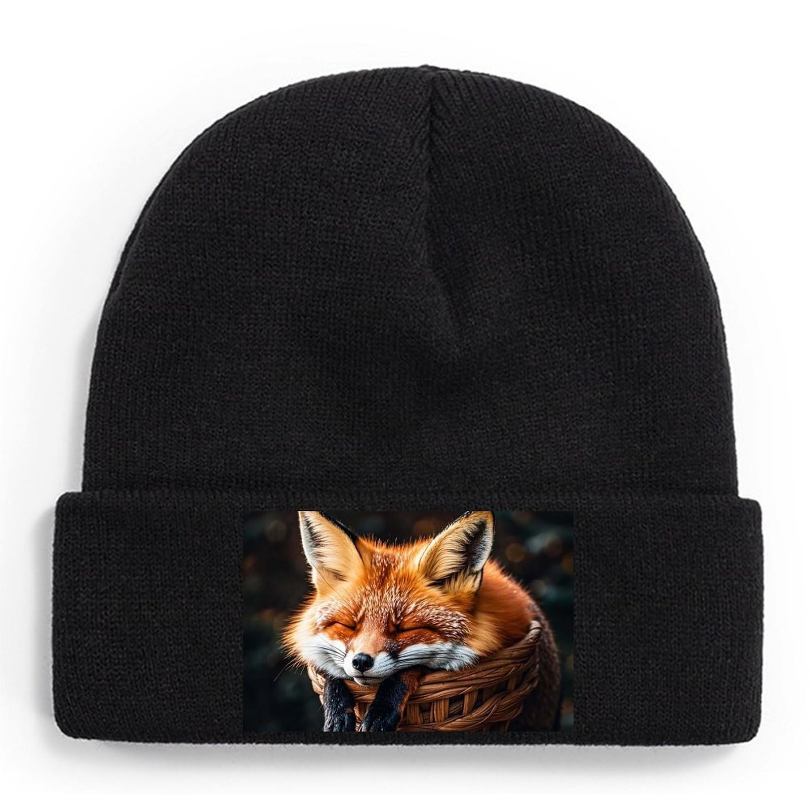 Funny Fox Creature Sleeping Winter Beanie Thick Warm Soft Knit Winter Hat Classic Unisex Daily Skull Cap Cuffed Cap