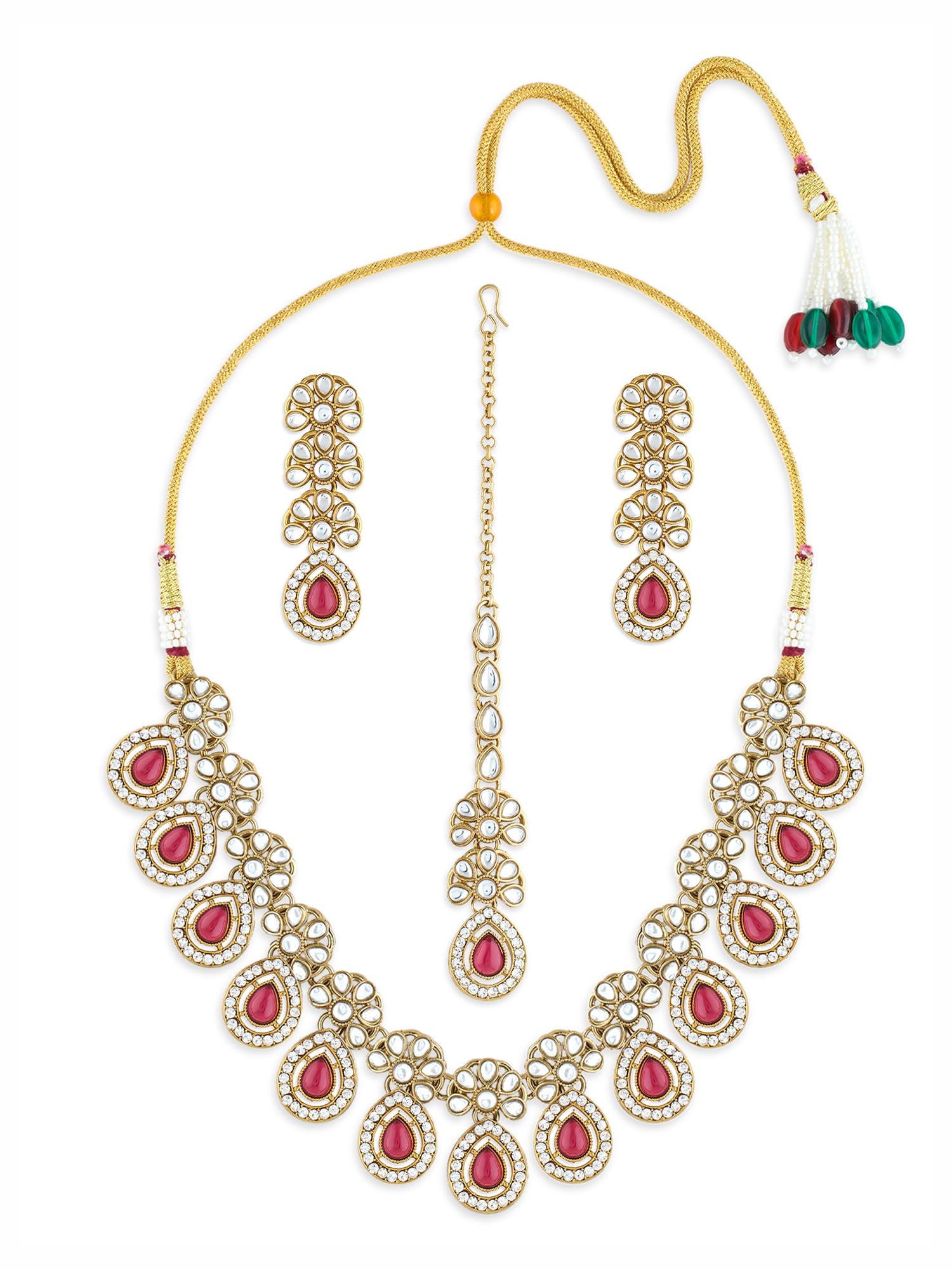 Pink Stones Antique Plated Traditional Kundan Necklace Earring & Maangtikka Set For Women-ZPFK21298