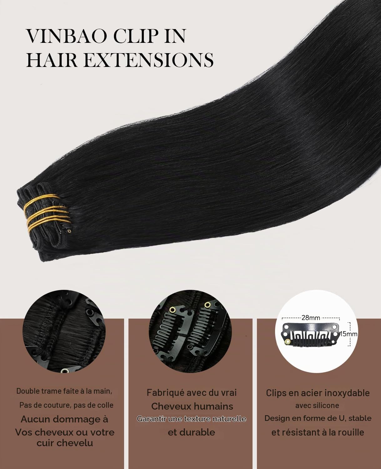 VINBAO Extension de cheveux à clips #1 noir de jais 16 pouces/40cm 100g 6pcs clip extension de cheveux humains remy dans les cheveux humains raides doubles tirés pour les femmes(#1-16pouces)