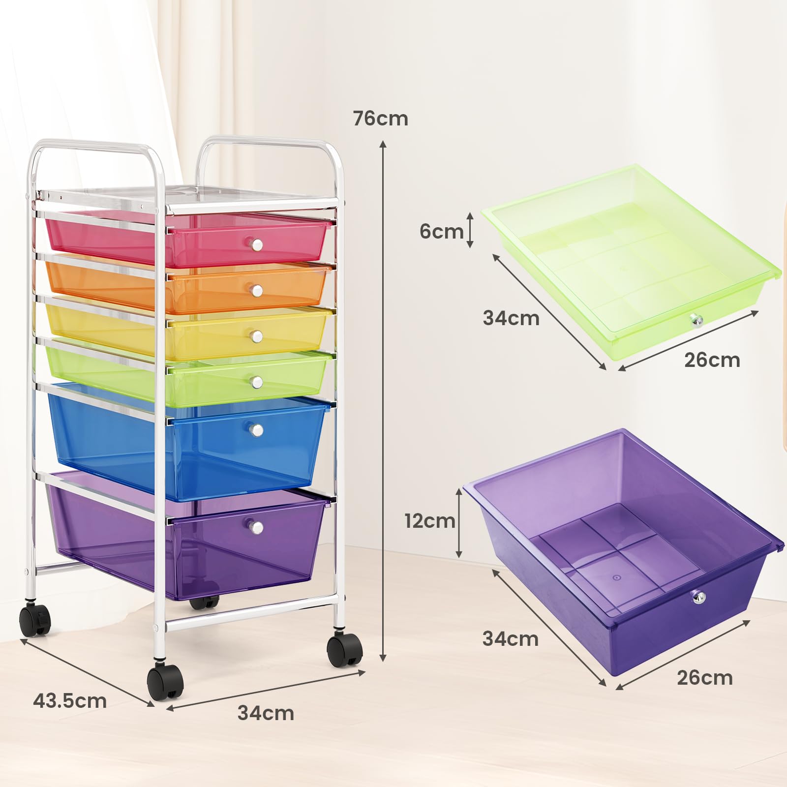 KOMFOTTEU Meuble à 6 Tiroirs à Roulettes Verrouillables, Chariot de Rangement en Plastique, Organisateur pour Bureau, Salle de Bains, Salon, Coloré Transparent
