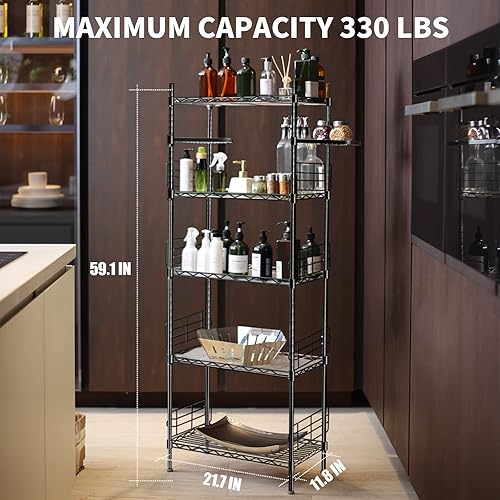 Miniatura 5 de Hestiasko Estante de almacenamiento de 5 niveles con 2 estantes giratorios, estante de almacenamiento ajustable con 5 ganchos, estante de metal,