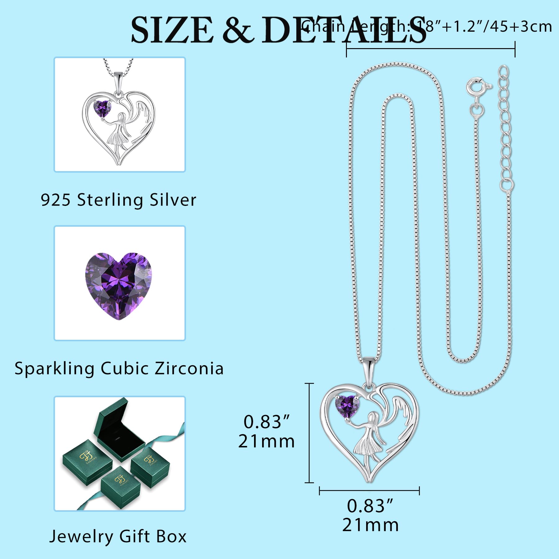 FJ Herz Schutzengel Kette Damen 925 Sterling Silber Engelsflügel Anhänger Halskette mit Geburtsstein Zirkonia Schmuck Geschenke für Frauen Mädchen