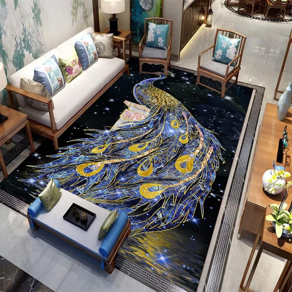 Tapis chinois haut de gamme bleu motif paon doré 80X120cm pour salon chic et chambre à coucher