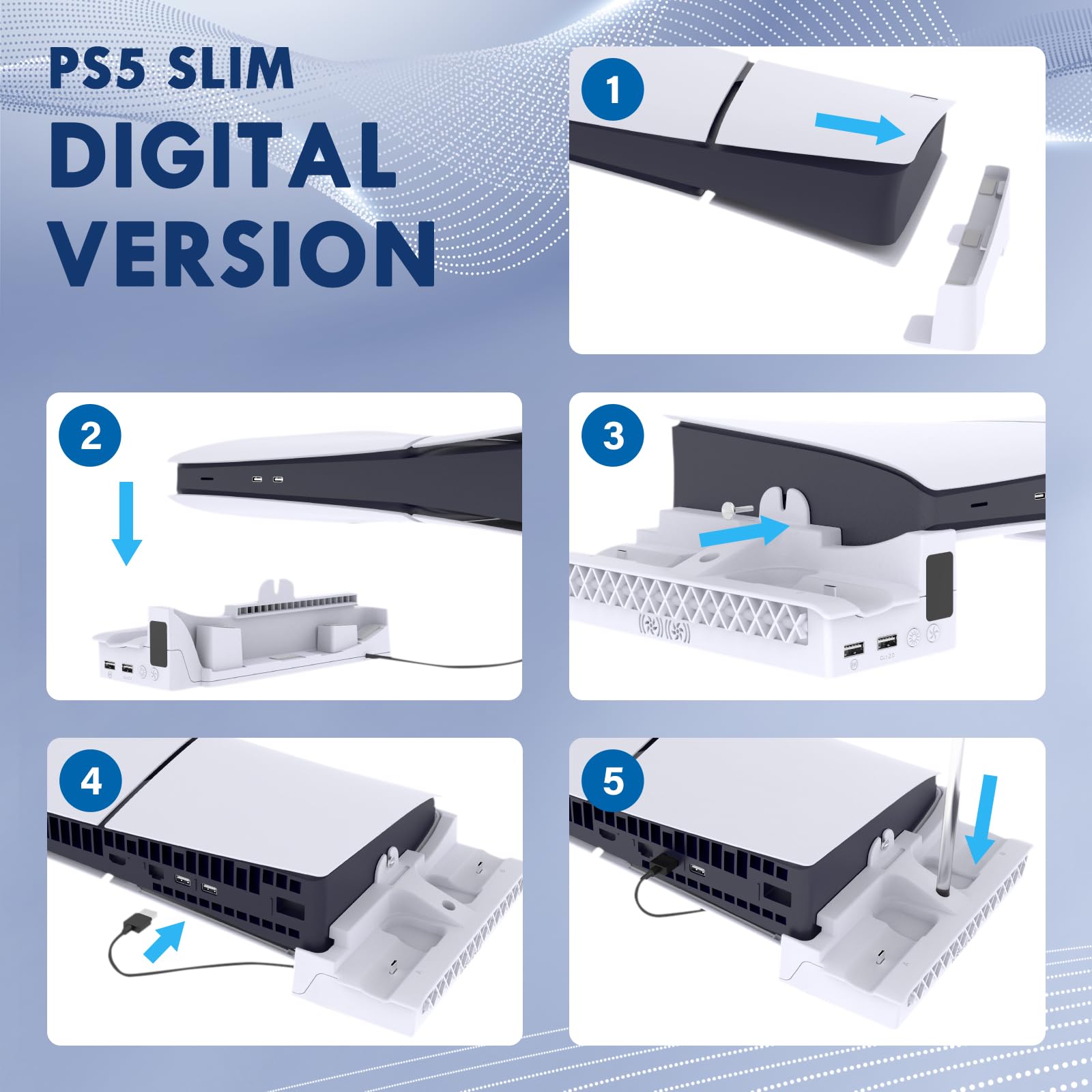 Sehawei Soporte para PS5 Slim/Pro con Ventilador de 2 Velocidades, Cargador para Mando PS5 con Luz LED, Soporte PS5 Horizontal con 2 Puertos USB y Holder Headphone para PS5 Slim (No para P5 2020)