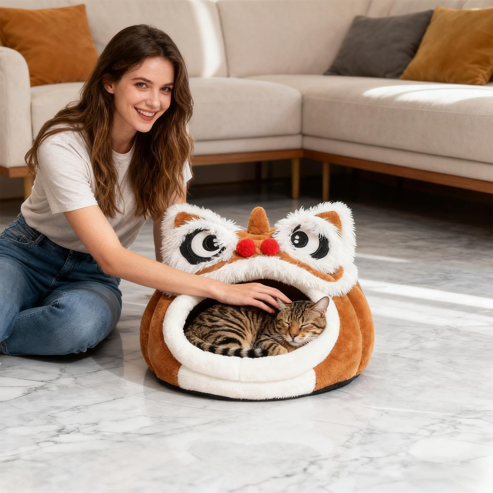 Cama Cueva para Gatos Suave Y Cómodo Con Forma De León | De Gato Para Interior para Dormir en Exteriores Fuera de Casa Viaje Dormitorio Balcón