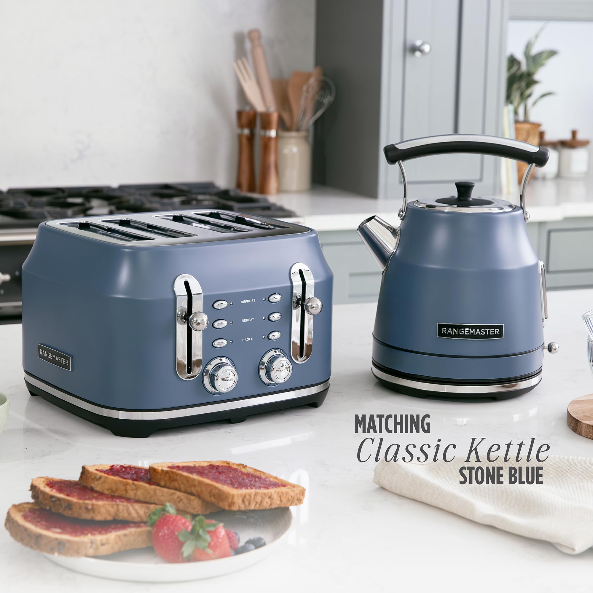 Rangemaster Tostadora clásica en azul piedra mate con ranuras extra anchas, 6 niveles de dorado, función de elevación y aspecto, función antiatascos, bandeja extraíble para migas y 3 ajustes