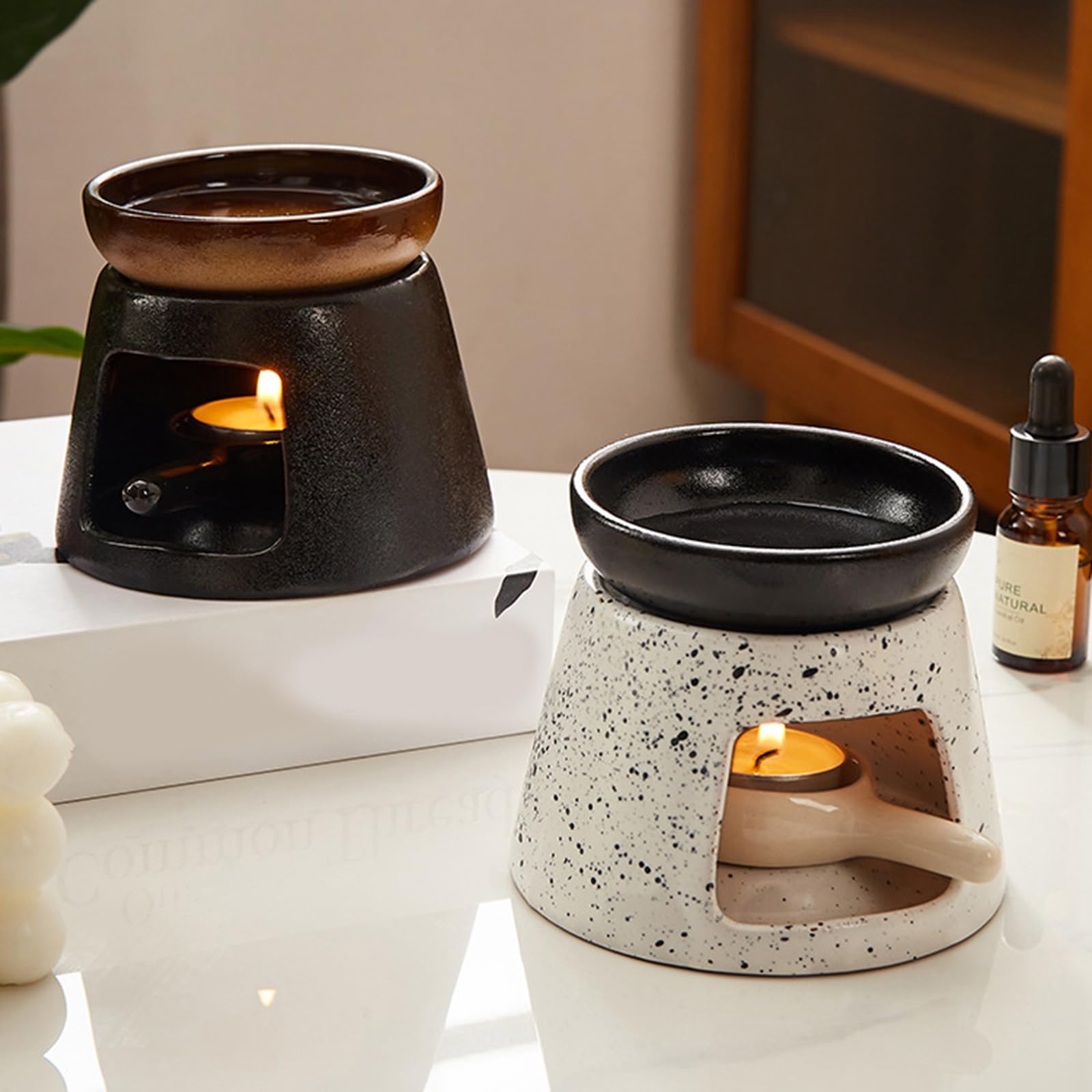 Aromatherapie-Brenner, Aromatherapie-Diffusor mit Teelichthalter, Löffel for Zuhause oder das Büro, Keramik, Teetassenwärmer(Black)