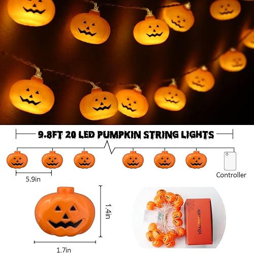 Miniatura 6 de Guirnalda de luces de calabaza para decoración de Halloween, 20 luces LED de 10 pies, 3D, impermeables, color naranja, funciona con pilas, 2 modos