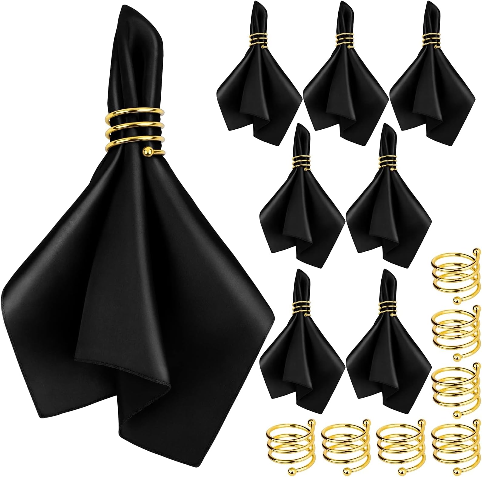 MCEAST Satin Cloth Napkins and Napkin Rings Set of 8, Smooth Fabric Table Napkins and Napkin Holder for Wedding, Birthday Dinner Party, Family Gatherings, Table Decor (Black, 17 x 17 Inches)