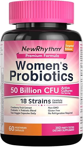 NewRhythm Probióticos para mujeres, arándano orgánico, 50 mil millones de UFC, 18 cepas, probióticos con prebióticos, apoyan la salud digestiva, no