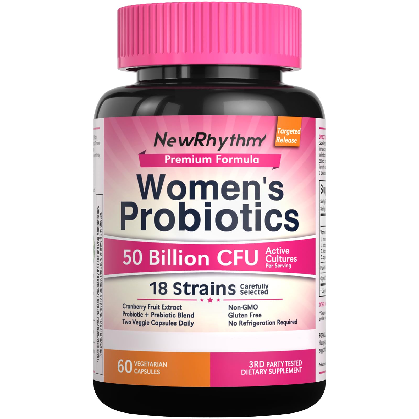 NewRhythm Women's Probiotics, Organic Cranberry for Women's Vaginal Health, 50 Billion CFU 18 Strains, Probiotics and Prebiotics, Support Digestive Health, 60 Vegan Capsules
