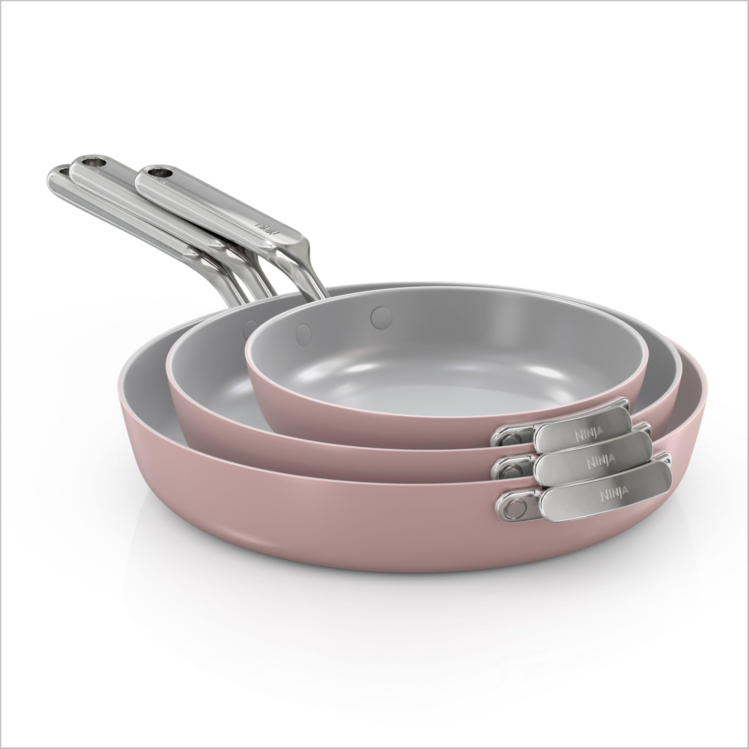 Ninja NeverQuit 3-Piece Ceramic Fry Pan Set, Chai Pink, CQ13000PK2 | Nontoxic¹, nonstick ceramic-coated cookware set; 12”, 10.25", and 8” fry pans, easy storage, 3-year guarantee