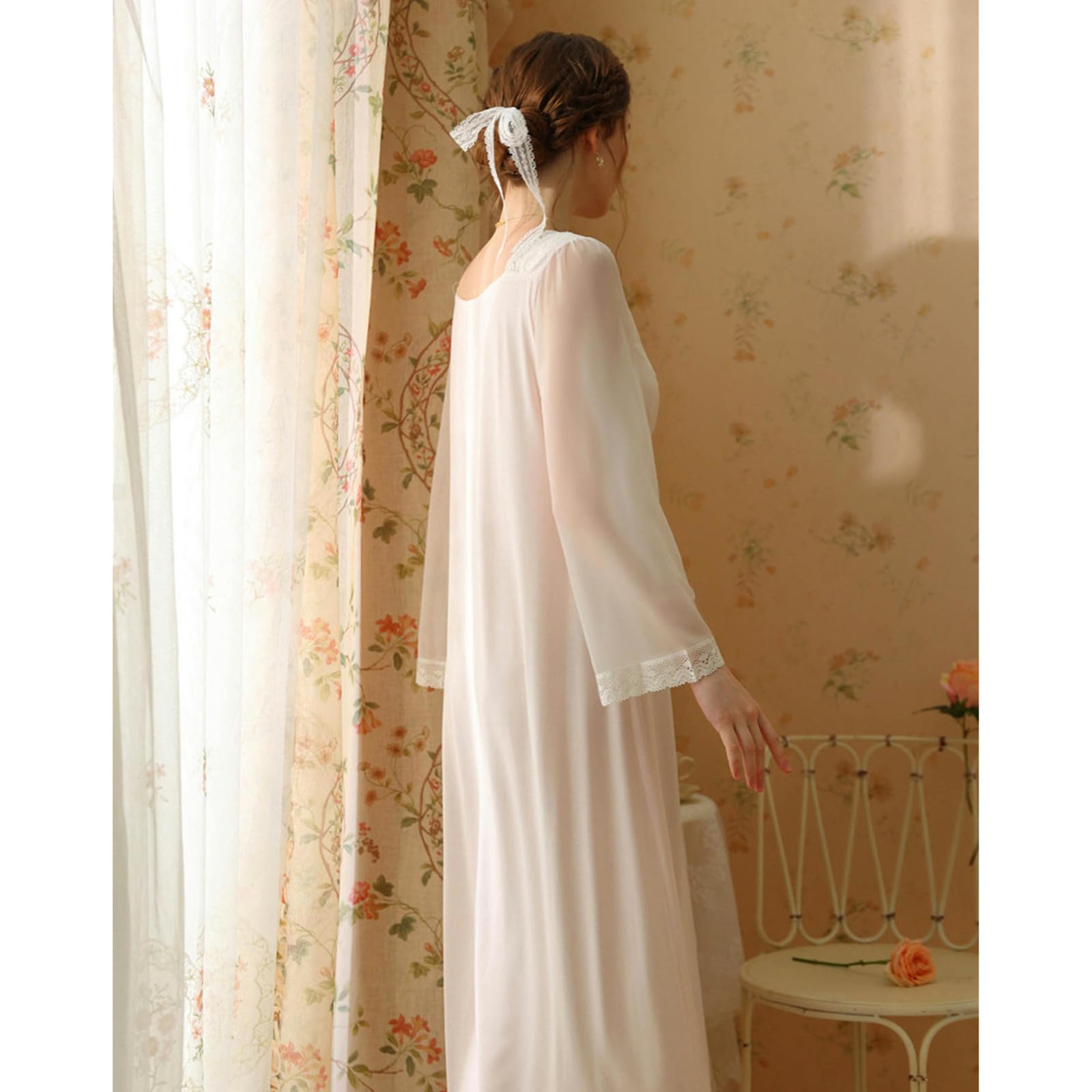 Nachthemd Damen Spitzennachtskleid Für Mädchen Frühling Und Herbst Langarm Süße Prinzessin Baumwolle V-Neck-Pyjama Mit Brustpolster-rosa-m