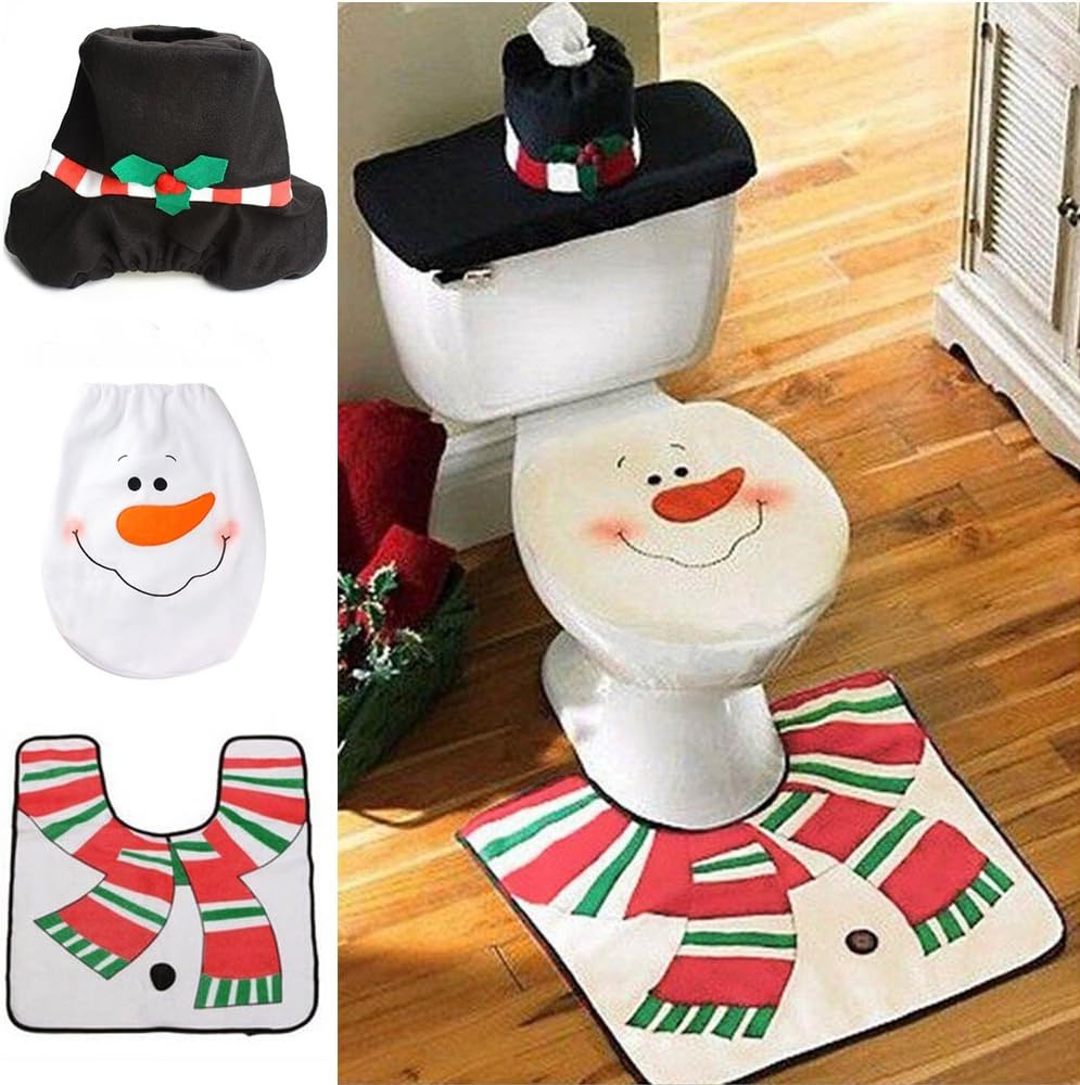 Christmas Decorations Snowman Happy Santa Toilet Seat Cover & Rug Bathroom Set