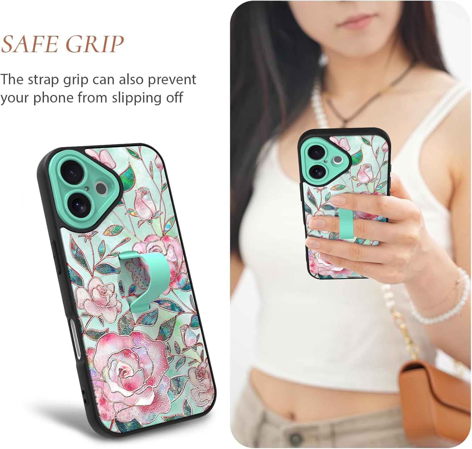 Compatible with iPhone 17 Case with Finger Strap Stand, Cute Flowers Print Phone Case for Women Girls, Full Camera Protection Shockproof Protective Cover, Glitter Rose