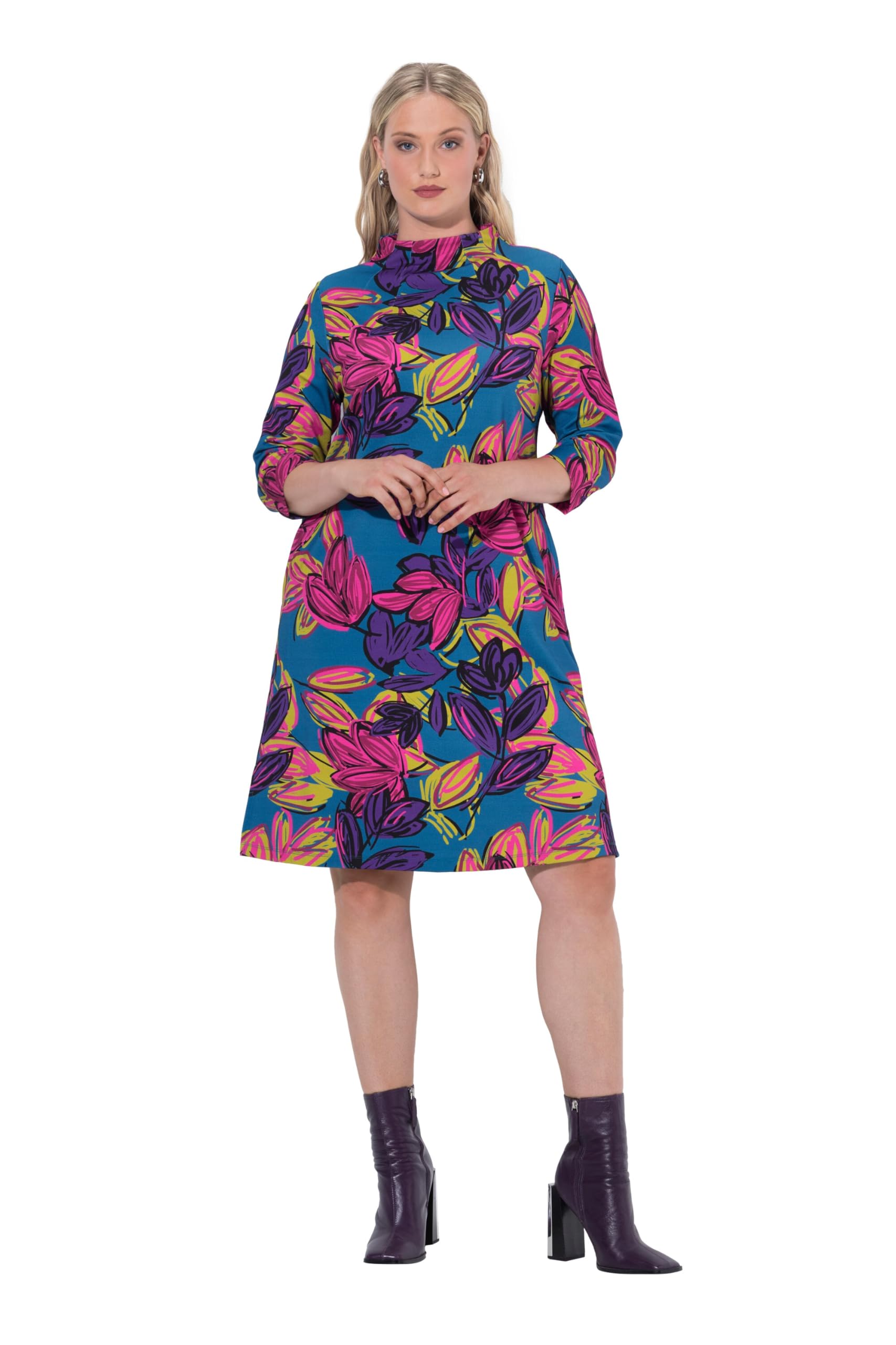Ulla Popken Damen große Größen Übergrößen Plus Size Punto-Kleid, Blüten, Stehkragen, 3/4-Arm, Taschen 843180