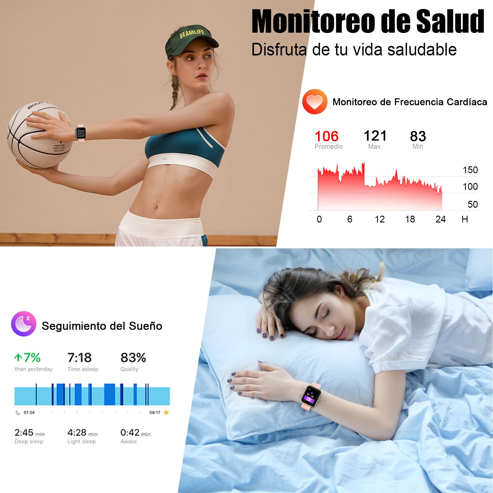 Reloj Inteligente Hombre Mujer, 2025 Nuevo 1.96'' Smartwatch Llamada Bluetooth, Pulsómetro/Monitor de Sueño/Podómetro, 110+ Modos Deportivo Hombre,Pulsera Actividad Impermeable IP68 para Android, Rosa