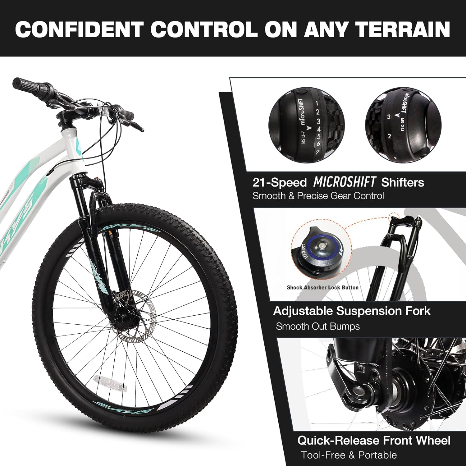 Convend 26 Inch Mountain Bike for Adults & Teens, 21-Speed Pro Gear with Twist Shifter, Dual Disc Brakes & Front Suspension Fork, All-Terrain Tires, White