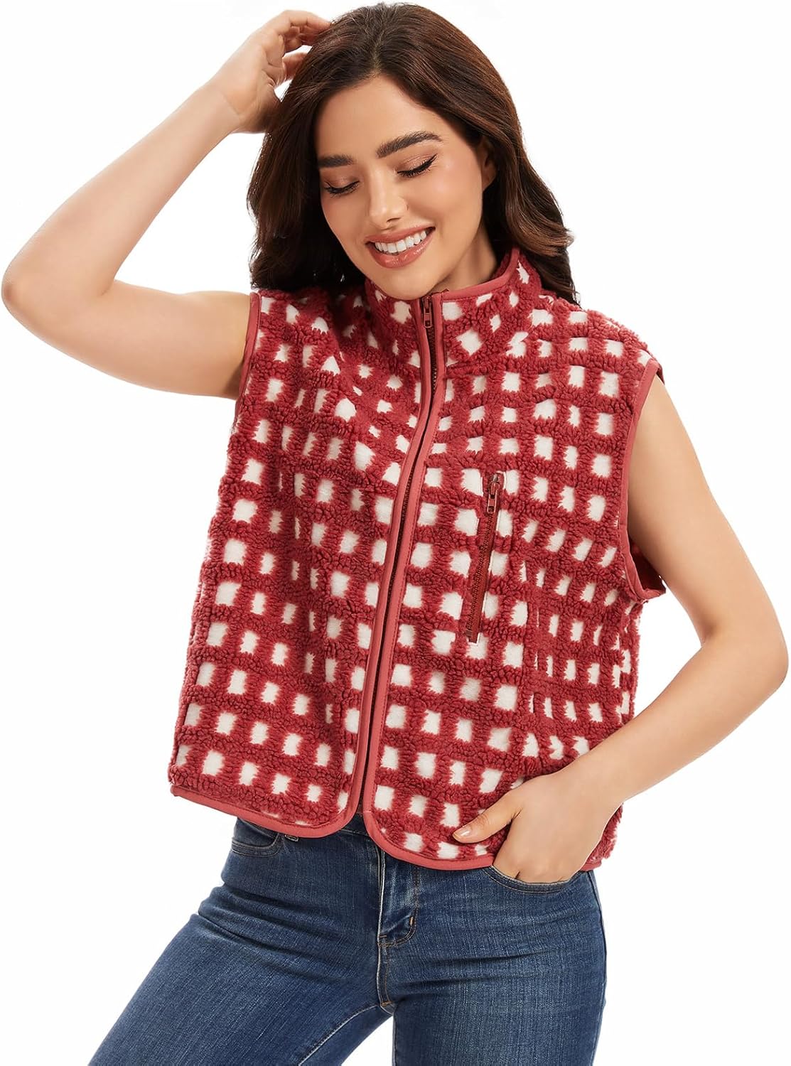 Womens Checkered Sherpa Vest Sleeveless Winter Fleece Jacket High Neck Zip Up Plaid Gilet Casual Jacket - Image 2