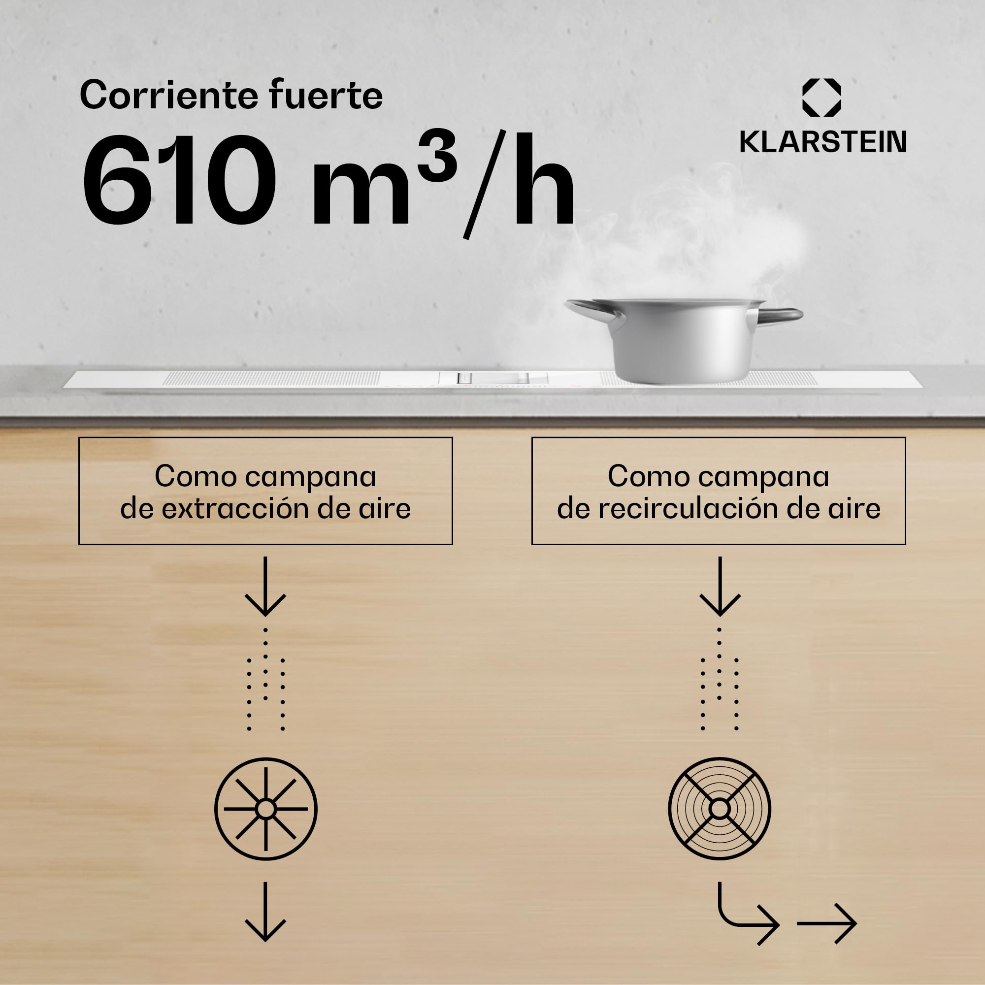 Klarstein Chef-Fusion Placa de Inducción con Extractor Integrado - Flex-Zone de 7200 W, 610 m³/h, Clase A, Control Táctil, Diseño Estético, Acero Inoxidable y Cristal, 90 cm