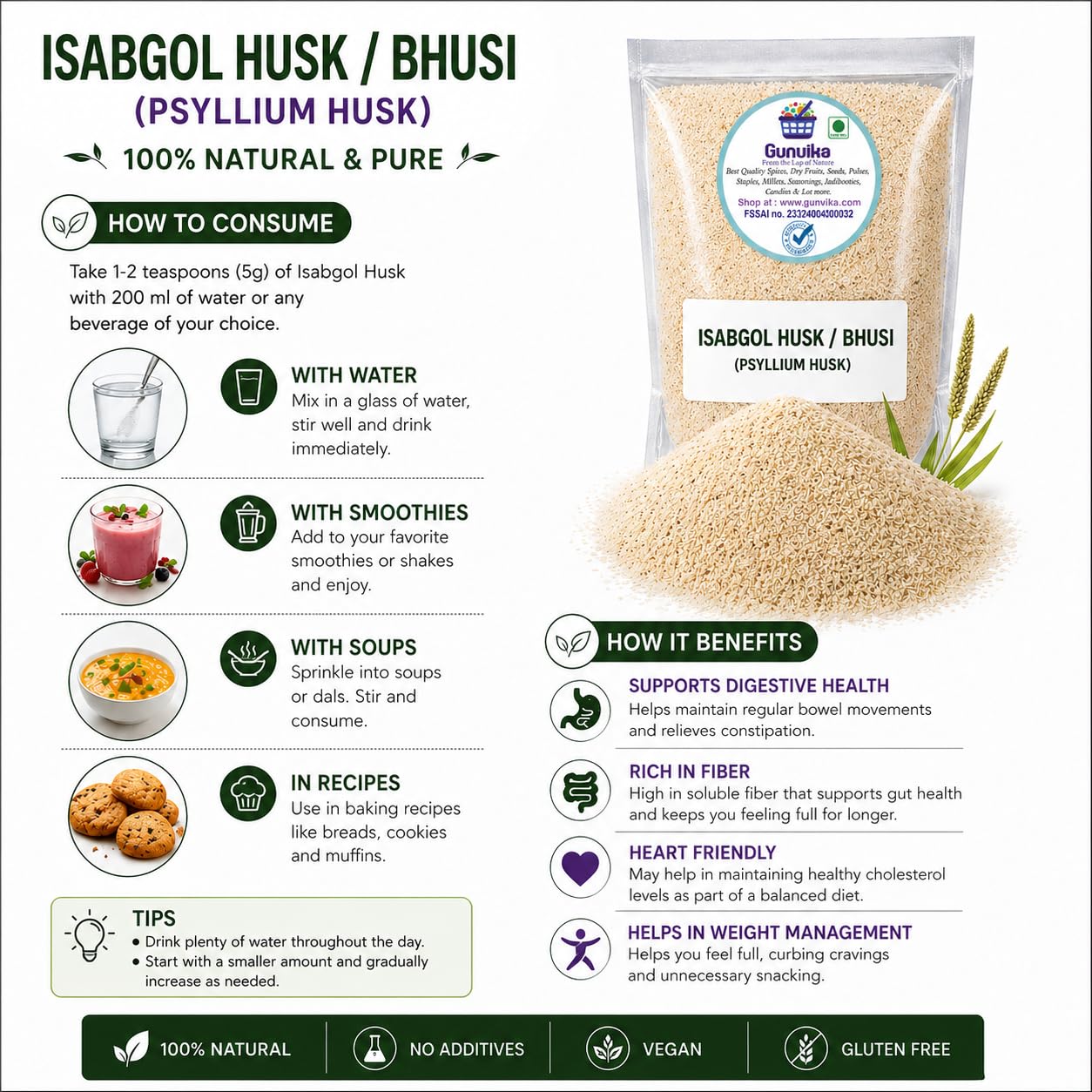 Sat Isabgol Bhusi Natural Fiber for Gut Health Digestion Support and Detox, Isabgol Husk for Digestion High Fiber Natural Laxative Psyllium Bhusi — Amazon image 3